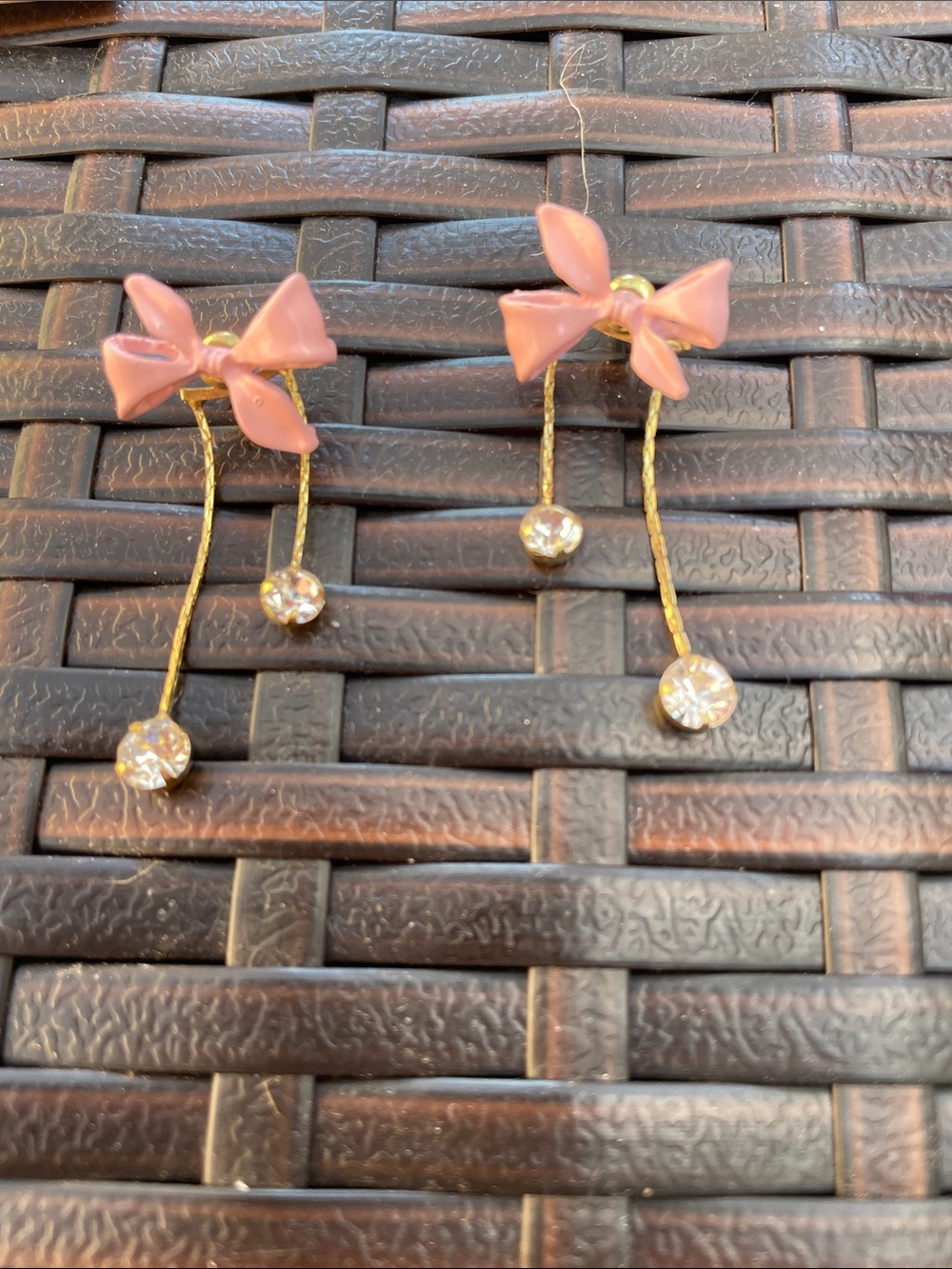 Pink Bow Drop Earrings with Clear Crystal Dangles